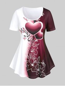 T-shirt à Imprimé Cœur Floral Bloc de Couleur Grande Taille - DEEP RED - 3X | US 22-24