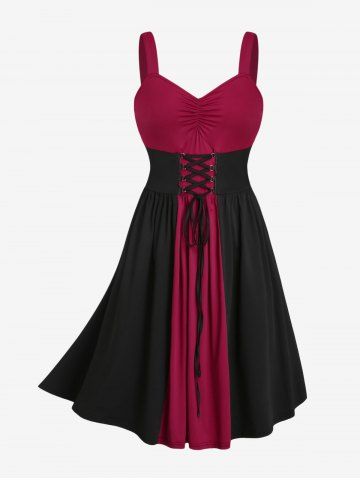 Plus Size Lace Up Ruched Two Tone A Line Sleeveless Gothic Dress