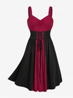 Plus Size Lace Up Ruched Two Tone A Line Sleeveless Gothic Dress - BLACK - M | US 10