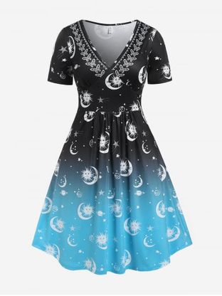 Plus Size Plunge Sun Moon Print Ombre Color Flared Midi Dress