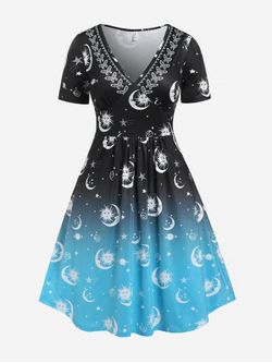 Plus Size Plunge Sun Moon Print Ombre Color Flared Midi Dress - BLACK - 1X | US 14-16