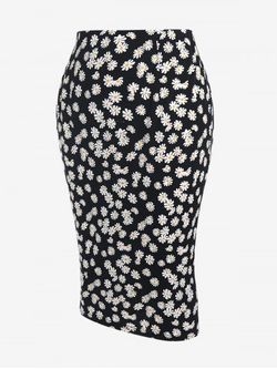 Plus Size Daisy Print Bodycon Midi Skirt - BLACK - L | US 12