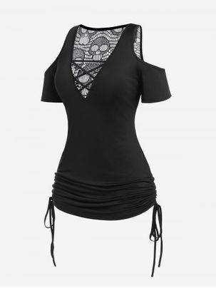 Plus Size Cold Shoulder Skull Lace Crisscross Cinched Plunge Tee