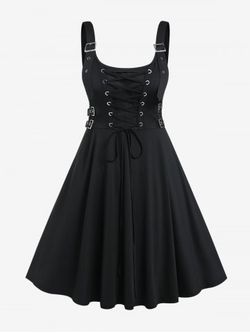 Plus Size Lace Up Buckles A Line Sleeveless Gothic Dress - BLACK - M | US 10