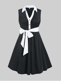 Plus Size Sleeveless Colorblock Belted Knee Length Dress - BLACK - 2X | US 18-20