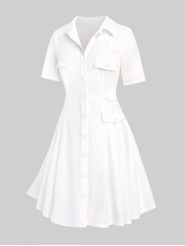 Plus Size Flap Pockets Button Up Flared Shirt Dress - WHITE - L | US 12