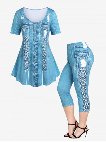 3D Denim Print Tee and Capri Leggings Plus Size Summer Outfit - LIGHT BLUE