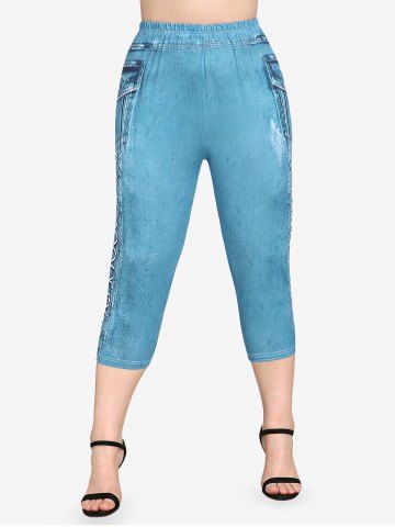3D Denim Print Tee and Capri Leggings Plus Size Summer Outfit