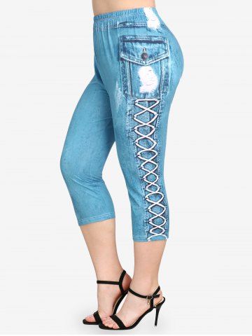 3D Denim Print Tee and Capri Leggings Plus Size Summer Outfit