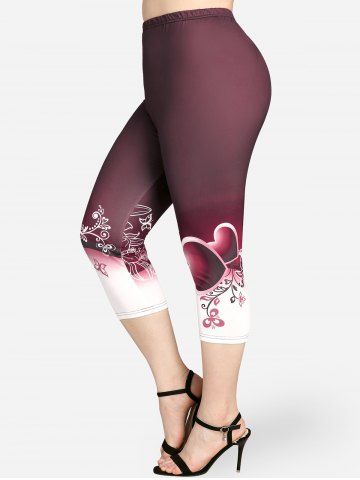 Plus Size High Waist Floral Heart Print Capri Skinny Leggings - DEEP RED - 4X | US 26-28