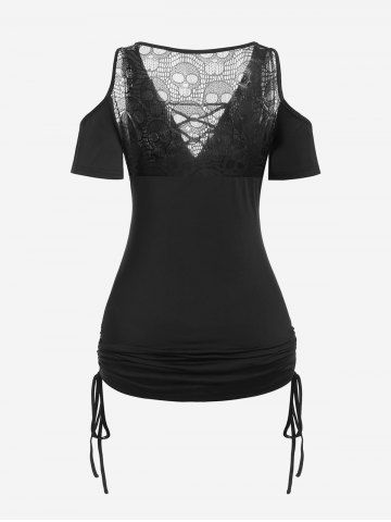 Plus Size Cold Shoulder Skull Lace Crisscross Cinched Plunge Tee