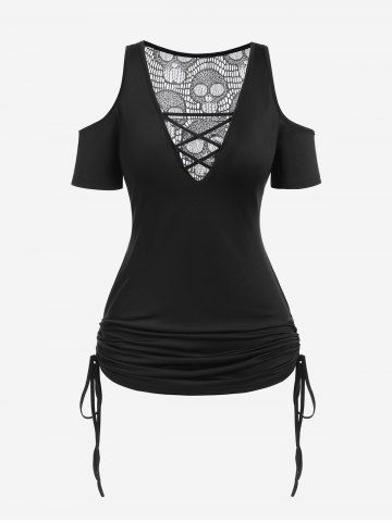 Plus Size Cold Shoulder Skull Lace Crisscross Cinched Plunge Tee