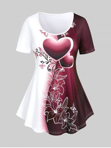 Plus Size Colorblock Heart Floral Print Tee - DEEP RED - 3X | US 22-24