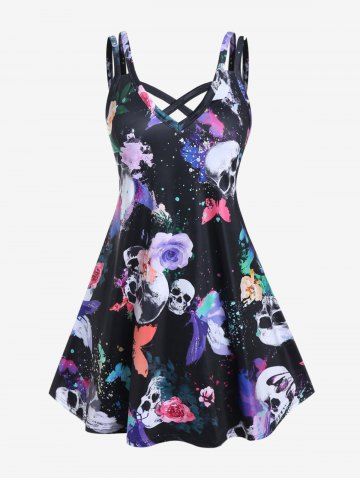 Plus Size Crisscross Butterfly Skull Print Gothic Dress - BLACK - M | US 10