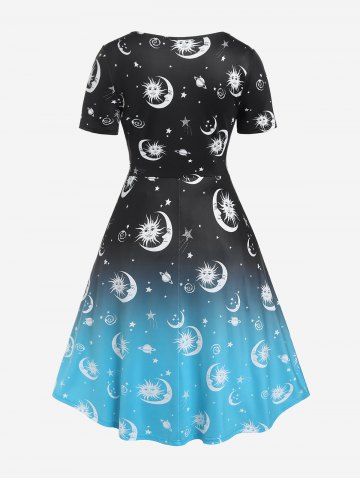Plus Size Plunge Sun Moon Print Ombre Color Flared Midi Dress