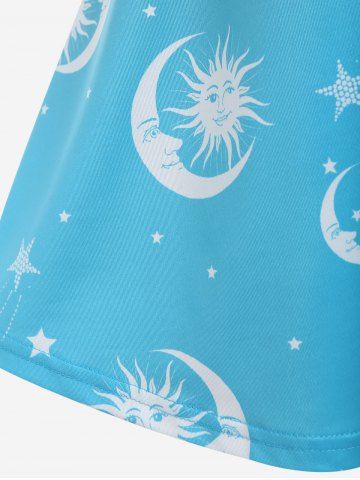 Plus Size Plunge Sun Moon Print Ombre Color Flared Midi Dress