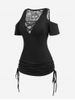Plus Size Cold Shoulder Skull Lace Crisscross Cinched Plunge Tee -  