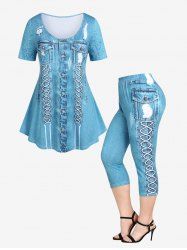 3D Denim Print Tee and Capri Leggings Plus Size Summer Outfit -  