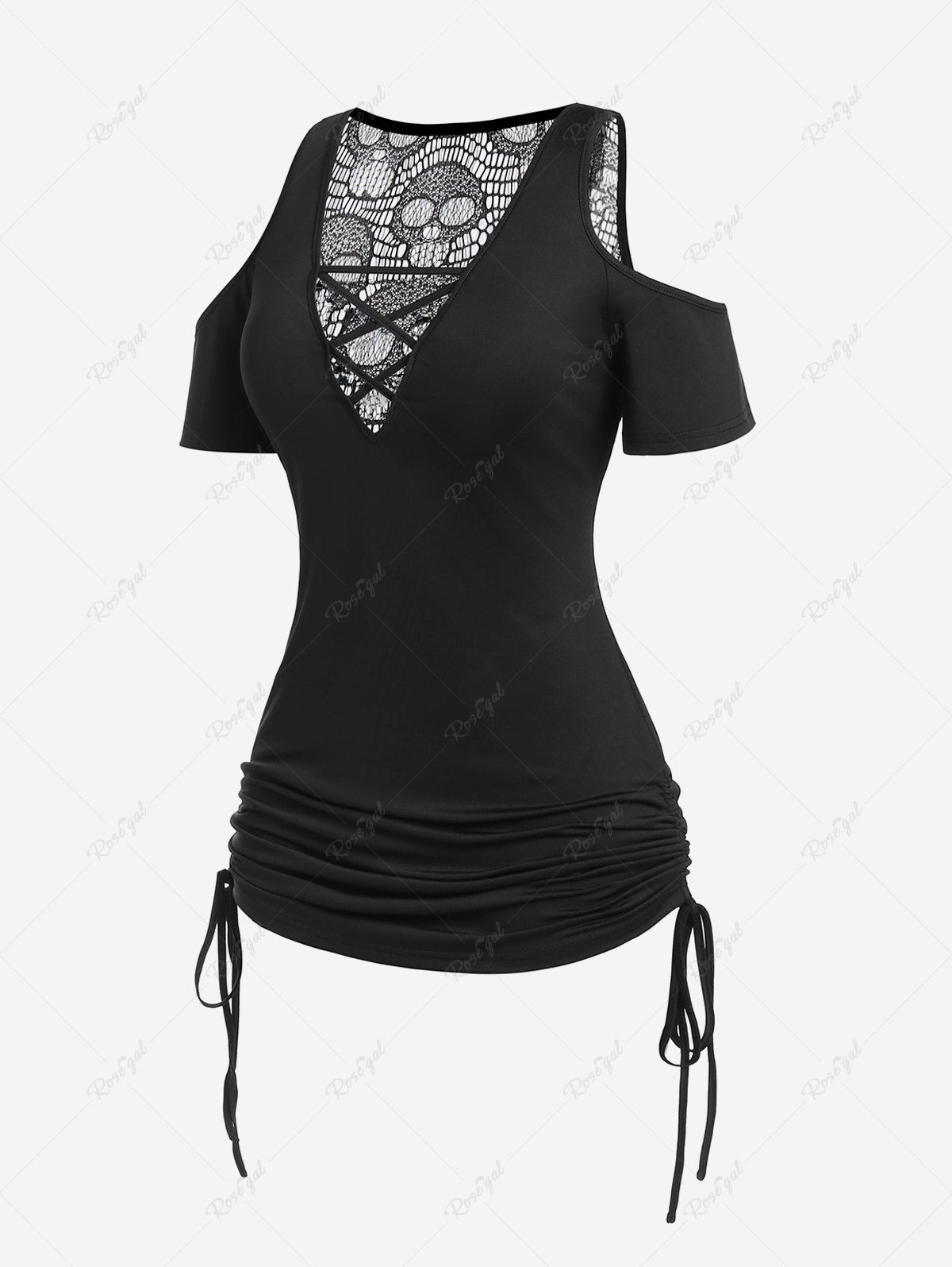 New Plus Size Cold Shoulder Skull Lace Crisscross Cinched Plunge Tee  