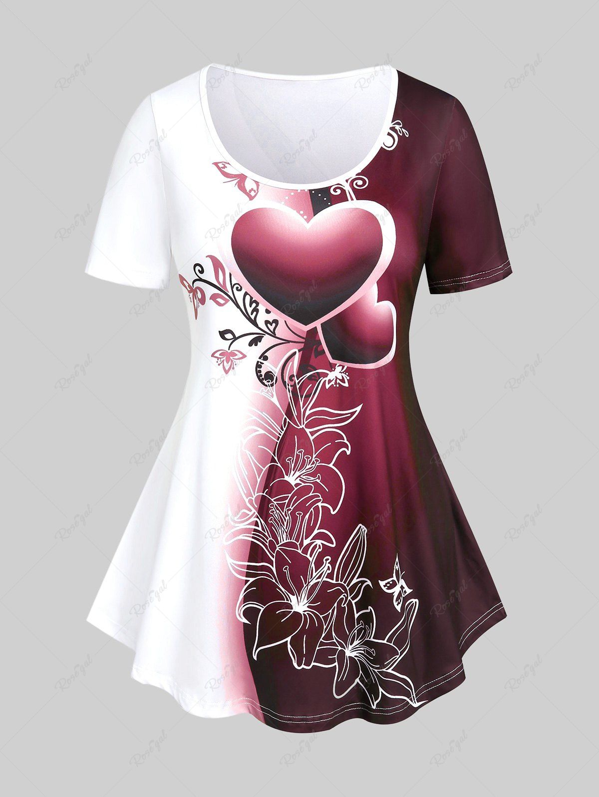 T-shirt à Imprimé Cœur Floral Bloc de Couleur Grande Taille Rouge foncé 