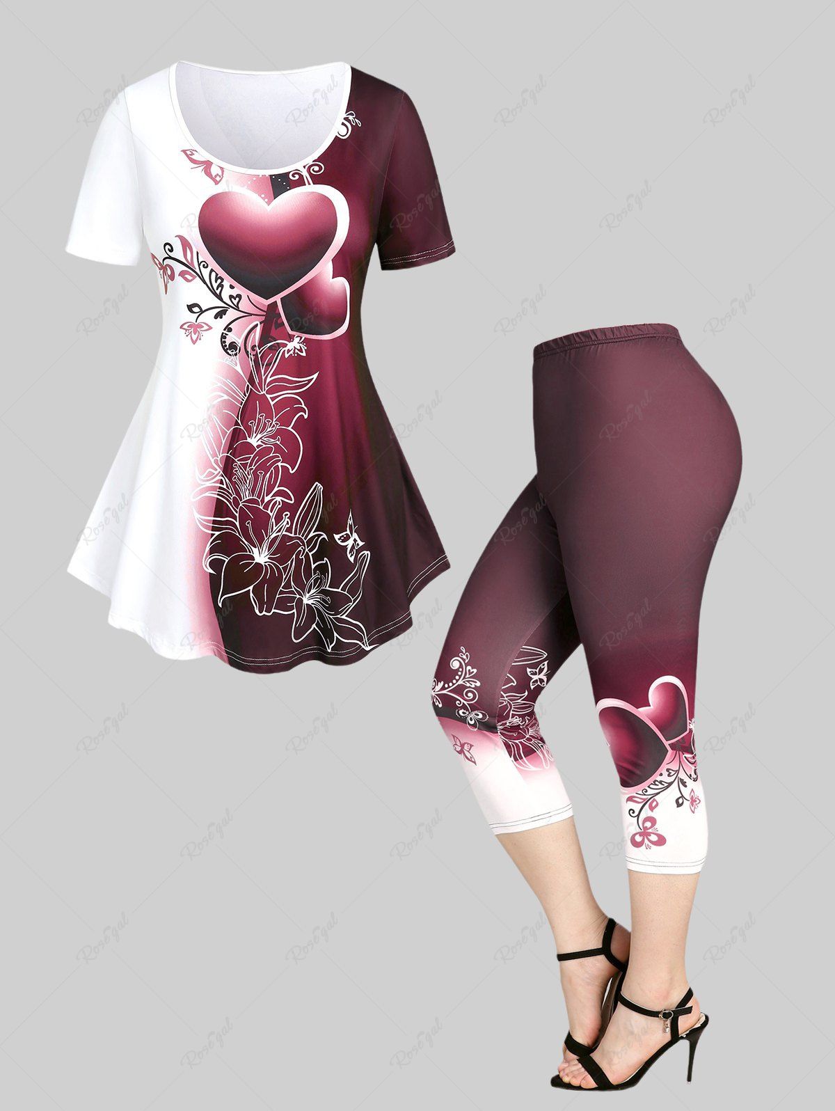 Cheap Heart Floral Print Colorblock Tee and Capri Leggings Valentines Plus Size Summer Outfit  