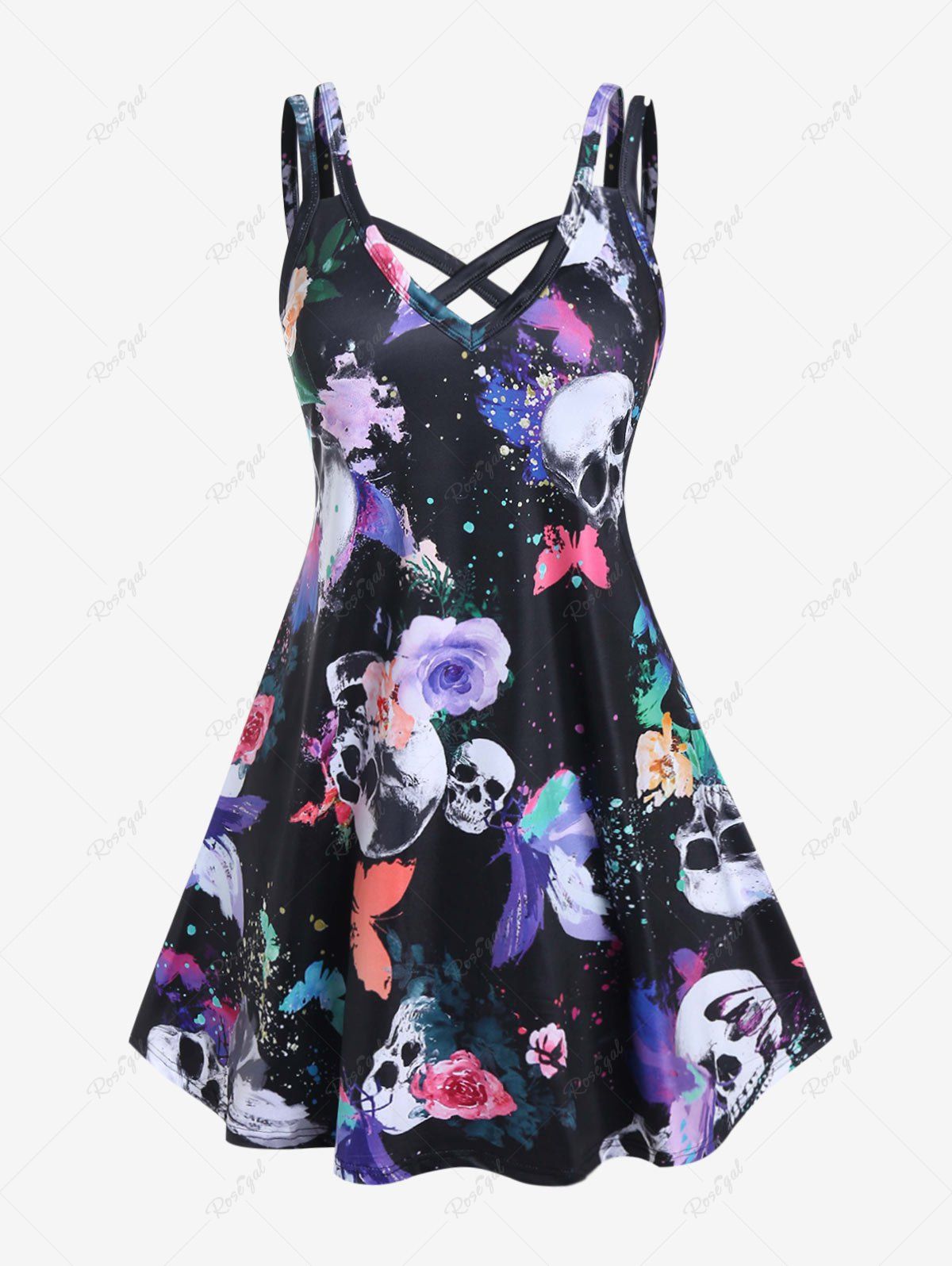 Cheap Plus Size Crisscross Butterfly Skull Print Gothic Dress  
