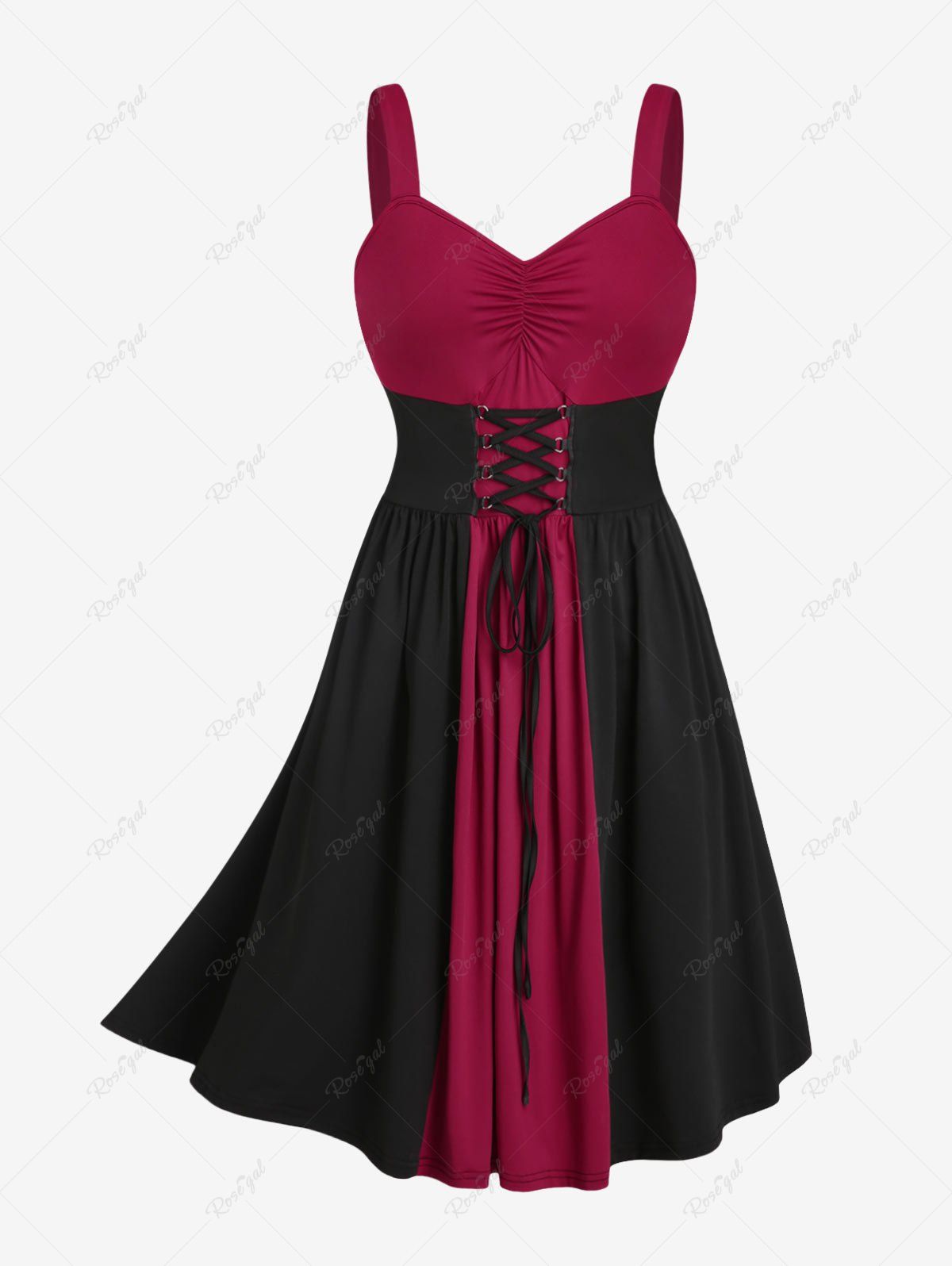 Fashion Plus Size Lace Up Ruched Two Tone A Line Sleeveless Gothic Dress  