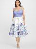 Plus Size Floral Print Buttons Strappy 50s Dress -  