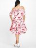 Robe Découpée à Épaules Ouvertes avec Motif Papillon et Fleur de Cottagecore de Lacets Grande Taille - Rose clair 4X