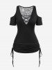 Plus Size Cold Shoulder Skull Lace Crisscross Cinched Plunge Tee -  
