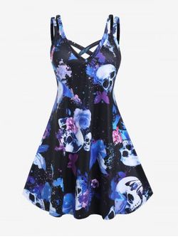 Plus Size Crisscross Butterfly Skull Print Gothic Dress - BLUE - L | US 12