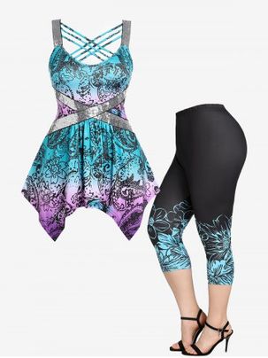 Crisscross Paisley Sequin Handkerchief Tank Top and Leggings Plus Size Summer Outfit