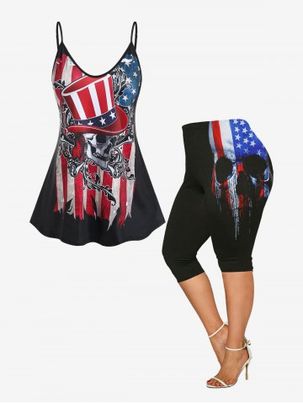 American Flag Skull Print Gothic Tank Top and American Flag Skull Print Patriotic Capri Leggings Plus Size Summer Outfit