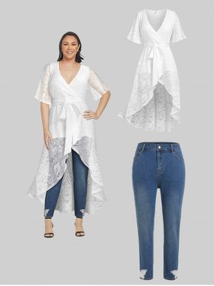 Plunge Lace High Low Longline Top and Lace Butterfly Jeans Plus Size Summer Outfit