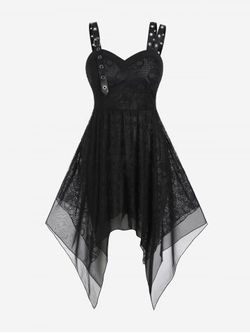 Plus Size Buckle Straps Grommets Handkerchief Gothic Midi Dress - BLACK - 1X | US 14-16
