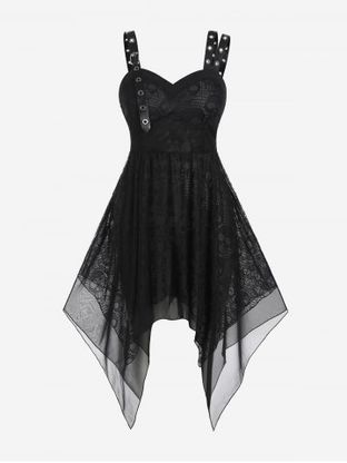 Plus Size Buckle Straps Grommets Handkerchief Gothic Midi Dress
