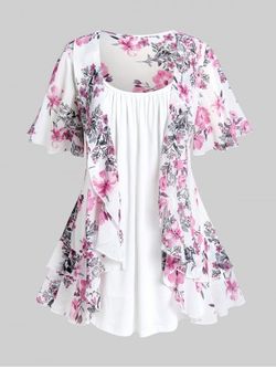 Plus Size Ruffle Floral Print Blouse and Tank Top Set - WHITE - M | US 10