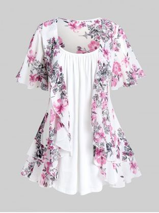 Plus Size Ruffle Floral Print Blouse and Tank Top Set