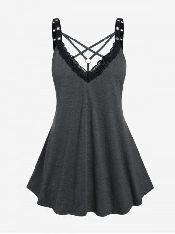 Plus Size Lace Trim Strappy Grommet Gothic Tunic Tank Top - DARK GRAY - M | US 10