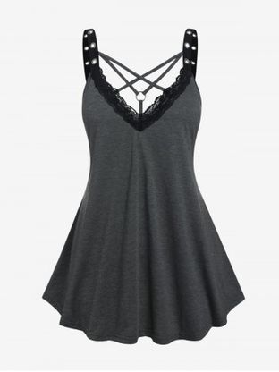 Plus Size Lace Trim Strappy Grommet Gothic Tunic Tank Top