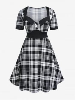 Plus Size Vintage Plaid Sweetheart Neck A Line Dress - BLACK - 1X | US 14-16