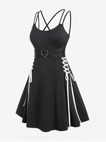Plus Size Lace Up Backless High Waisted A Line Gothic Dress - BLACK - 2X | US 18-20