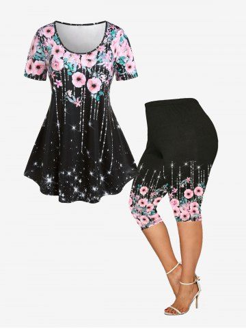 Floral Starlight Print T-shirt and Starlight Floral Print Capri Leggings Plus Size Summer Outfit - BLACK