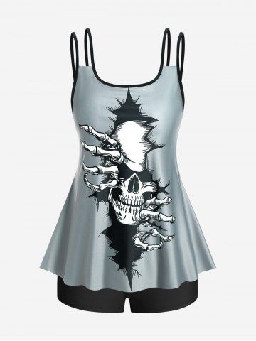 Plus Size Gothic Skull Print High Waist Boyleg Tankini Swimsuit - GRAY - 5X