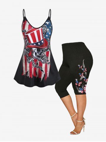 American Flag Skull Print Gothic Tank Top and American Flag Skull Print Patriotic Capri Leggings Plus Size Summer Outfit