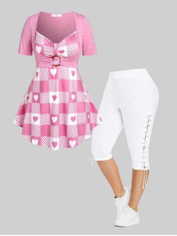 Valentines Heart O-Ring Tunic Tee and Lace Up Side High Waisted Capri Pants Plus Size Summer Outfit - LIGHT PINK