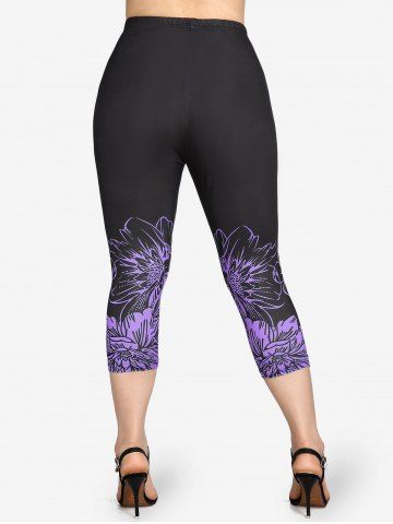 Plus Size High Waist Floral Print Skinny Capri Leggings