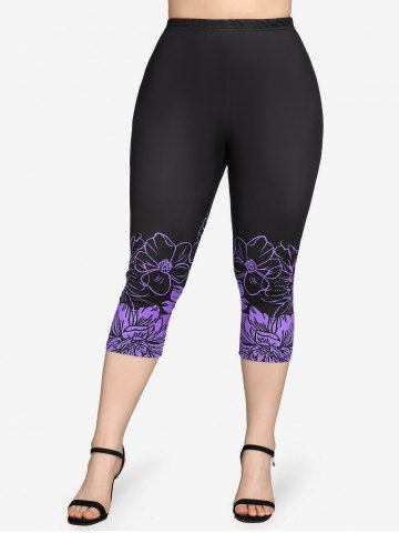 Plus Size High Waist Floral Print Skinny Capri Leggings