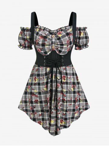 Plus Size Plaid Rose Lace Up Ruffles Trim Cold Shoulder Croset Tee - LIGHT GRAY - 3X | US 22-24