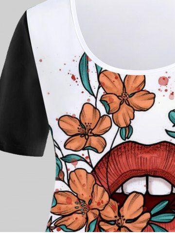 Plus Size Lips Flower Printed Two Tone T Shirt